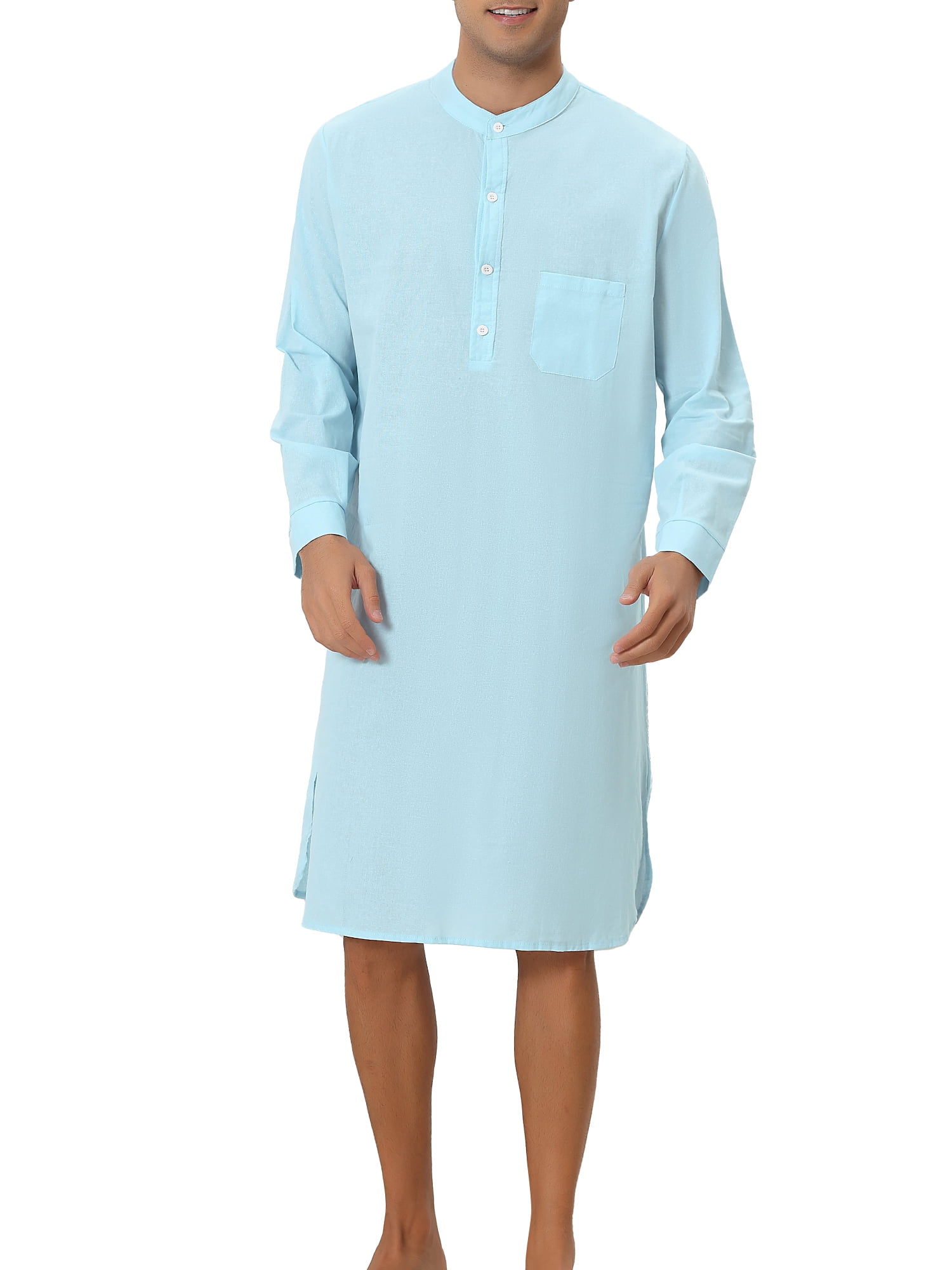 Unique Bargains Men's Banded Collar Nightshirt Sleep Shirt Nightgown S Blue