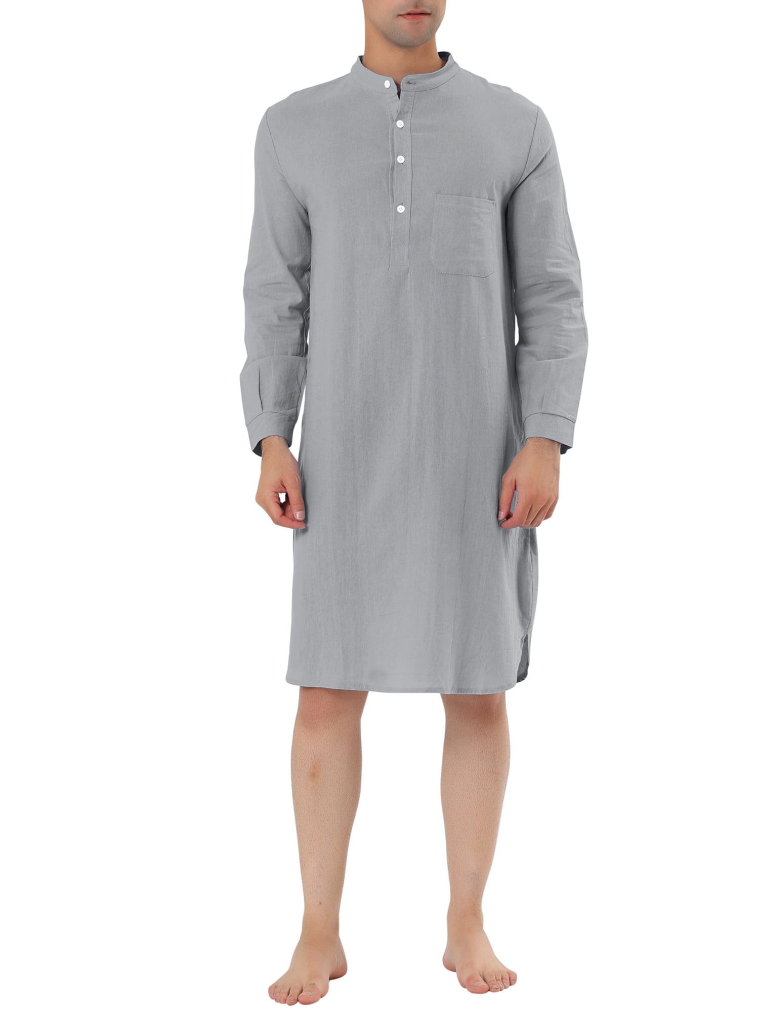 Unique Bargains Men's Banded Collar Nightshirt Sleep Shirt Nightgown S Gray