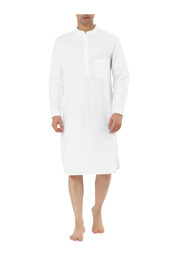 Men's Banded Collar Nightshirt Sleep Shirt Nightgown S White