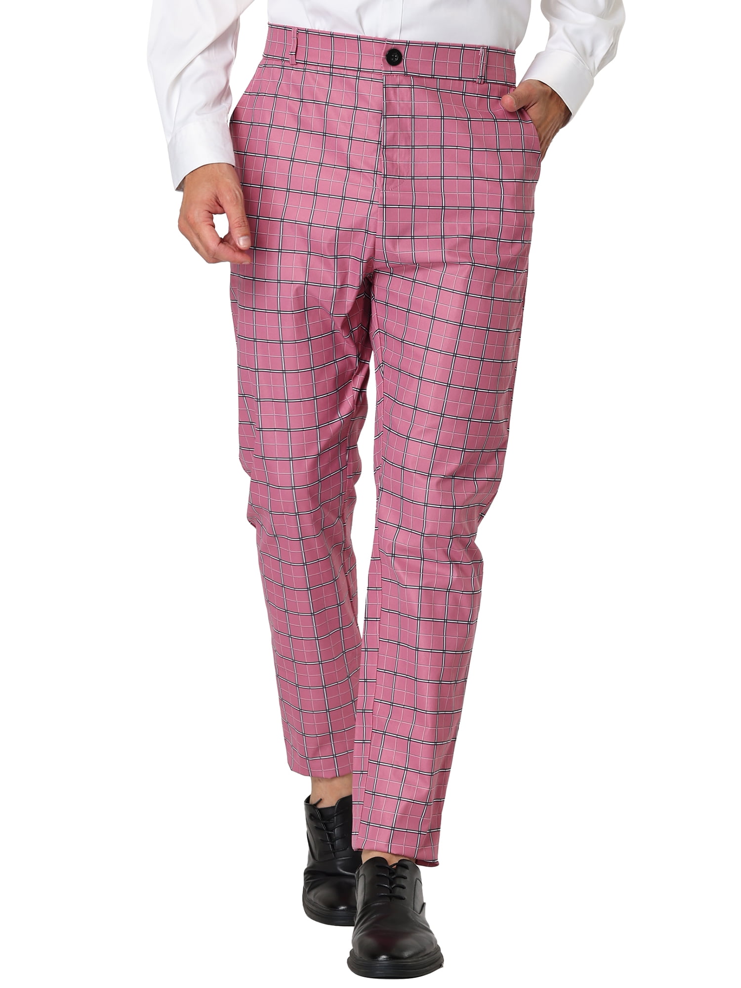 Unique Bargains Men's Business Flat Front Plaid Pants Casual Checked Trousers 30 Pink