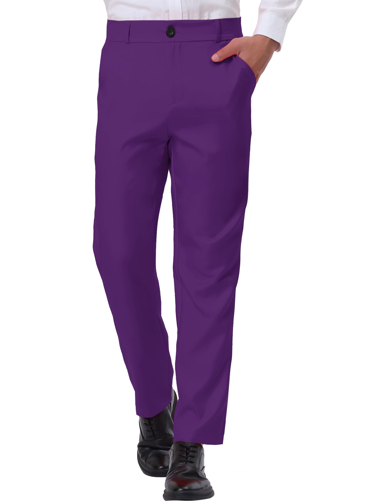 Unique Bargains Men's Business Pants Classic Fit Solid Color Suit Trousers with Pockets 38 Purple