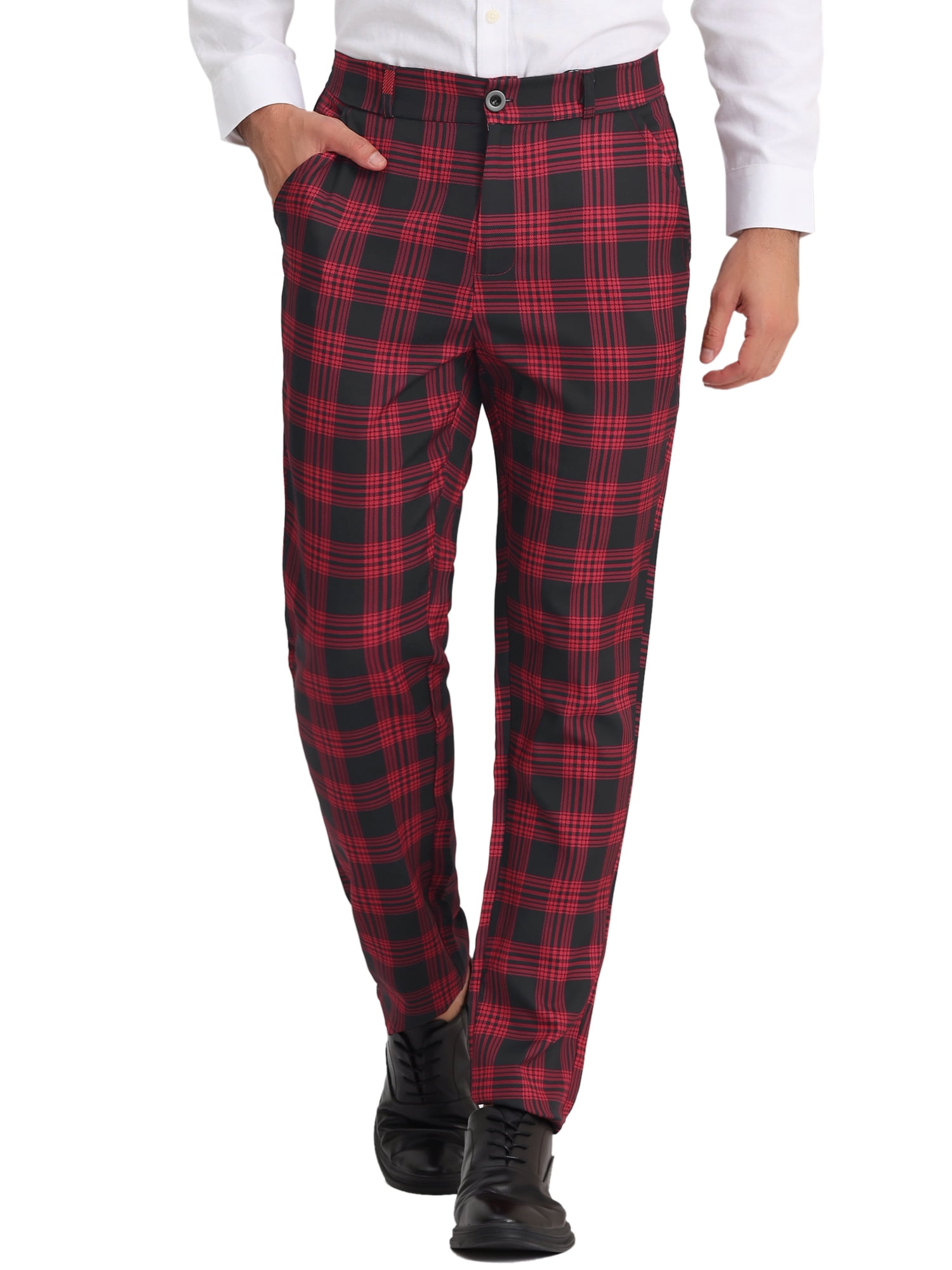 Unique Bargains Men s Business Plaid Lightweight Regular Fit Flat Front Checked Pants 38 Black Red Size 36