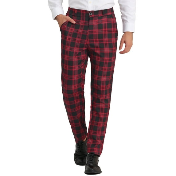 Unique Bargains Men's Business Plaid Lightweight Regular Fit Flat Front Checked Pants 36 Black Red
