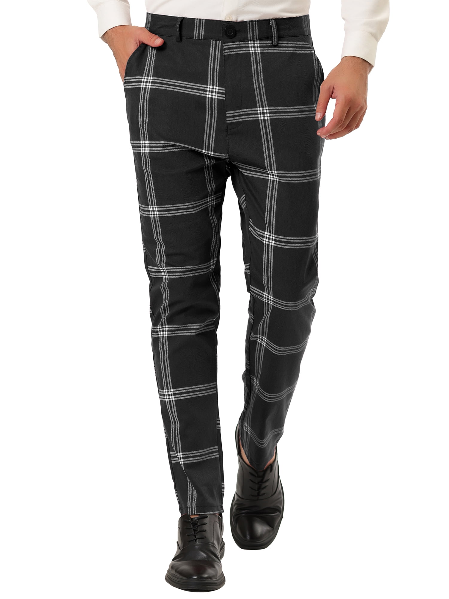 Unique Bargains Men's Business Plaid Pants Casual Slim Fit Flat Front Checked Trousers 30 Black