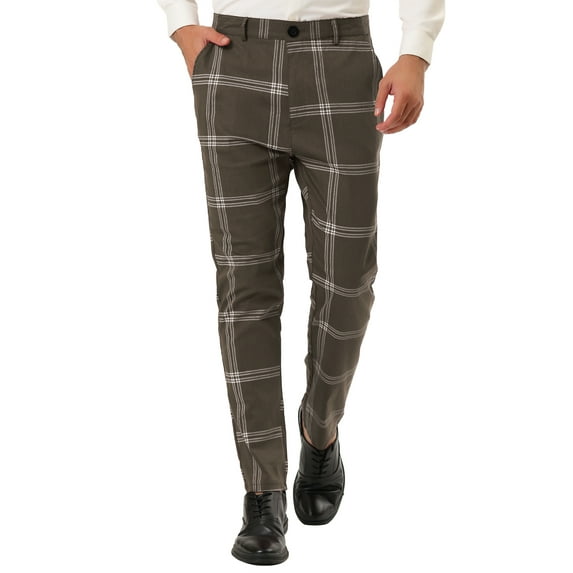 Unique Bargains Men's Business Plaid Pants Casual Slim Fit Flat Front Checked Trousers 30 Brown
