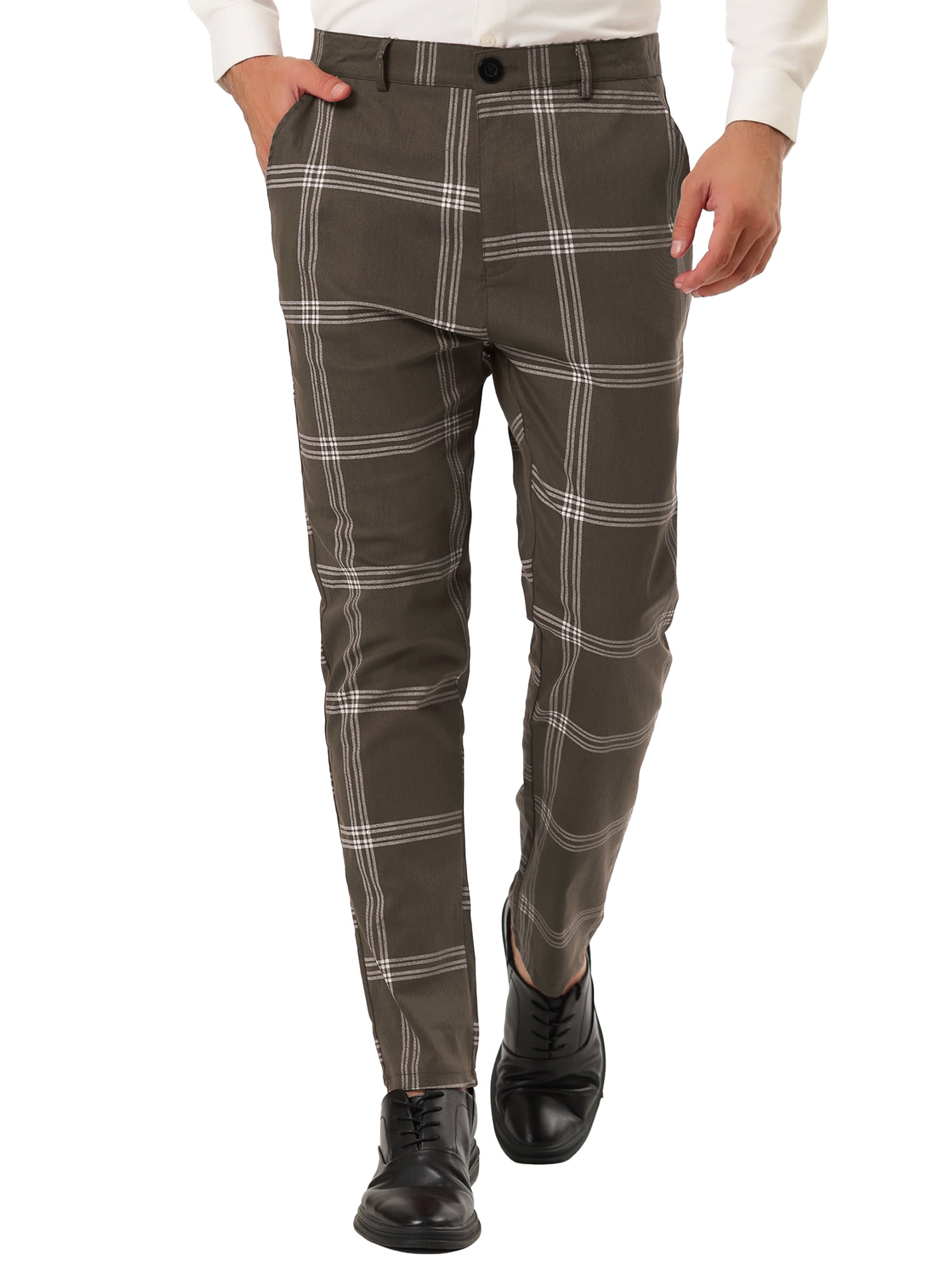 Unique Bargains Men's Business Plaid Pants Casual Slim Fit Flat Front Checked Trousers 32 Brown