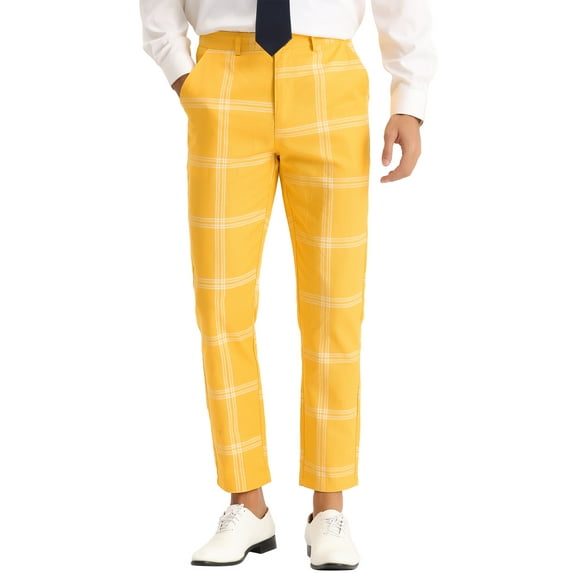 Unique Bargains Men's Business Plaid Pants Casual Slim Fit Flat Front Checked Trousers 32 Yellow