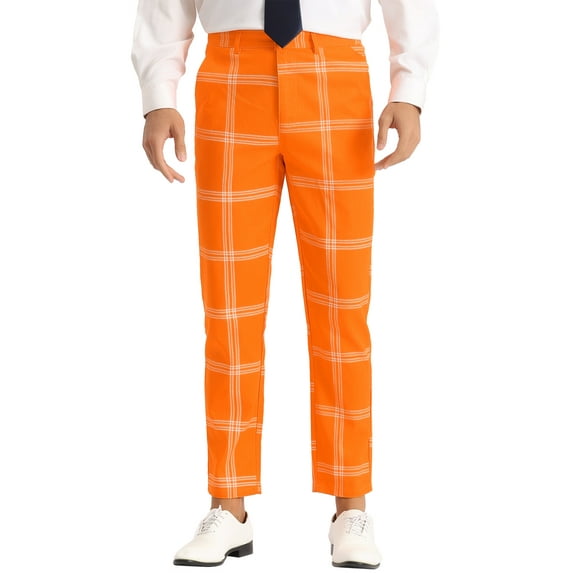 Unique Bargains Men's Business Plaid Pants Casual Slim Fit Flat Front Checked Trousers 36 Orange
