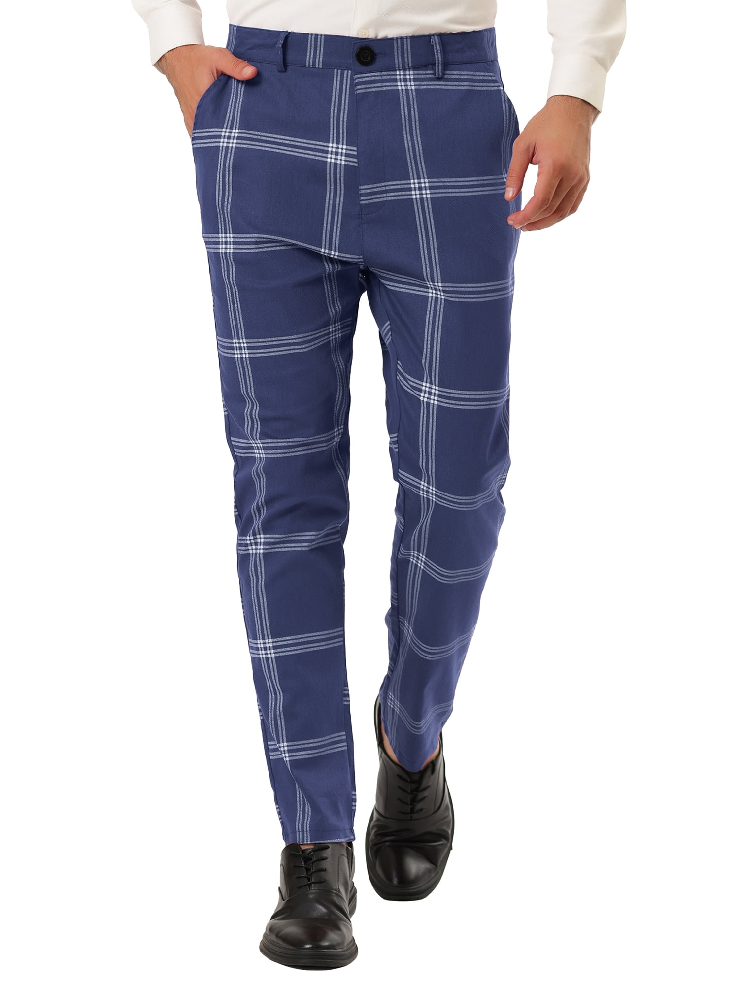 Unique Bargains Men's Business Plaid Pants Casual Slim Fit Flat Front Checked Trousers 38 Blue