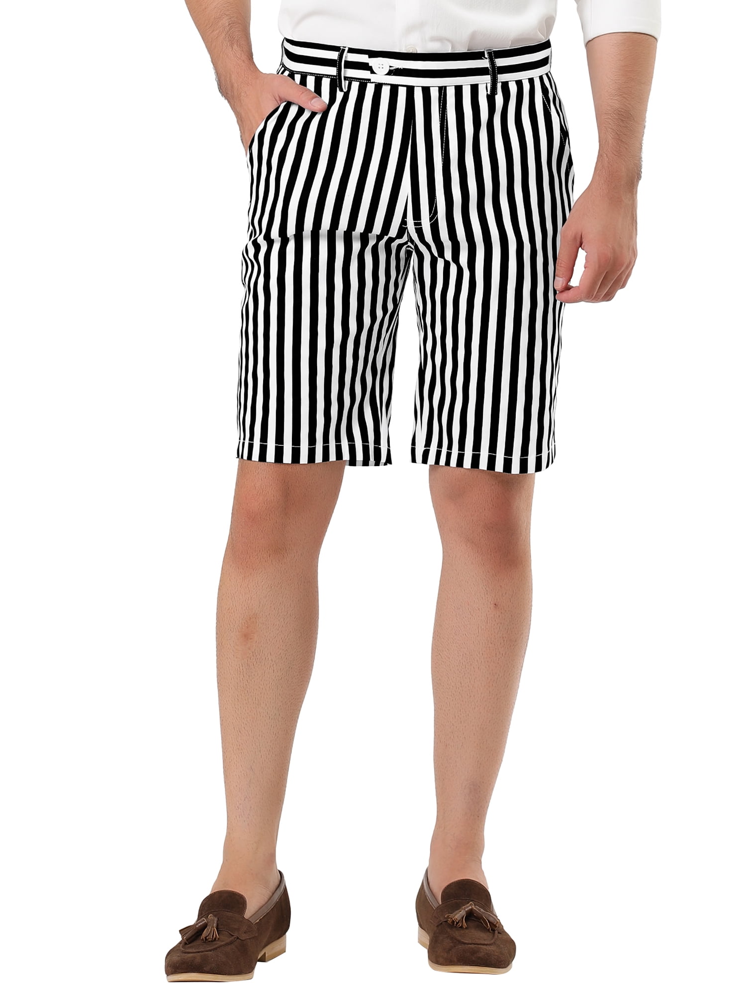 Unique Bargains Men's Business Stripe Printed Flat Front Summer Chino Shorts 36 White