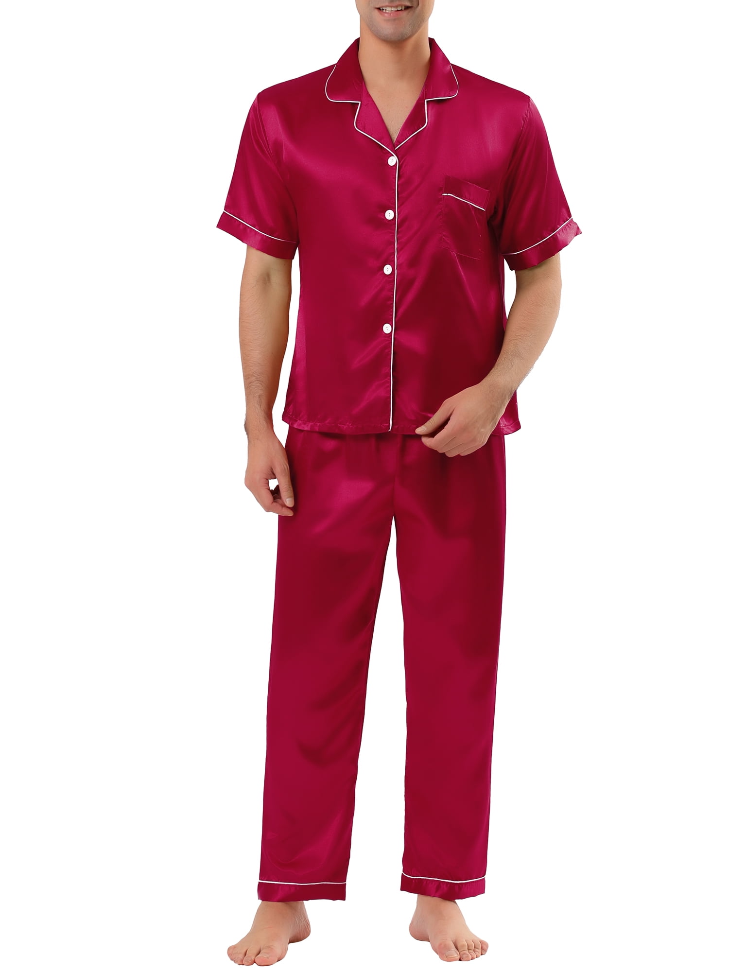 Unique Bargains Men's Button Down Satin Pajama Sets Short Sleeves Nightwear Large Burgundy