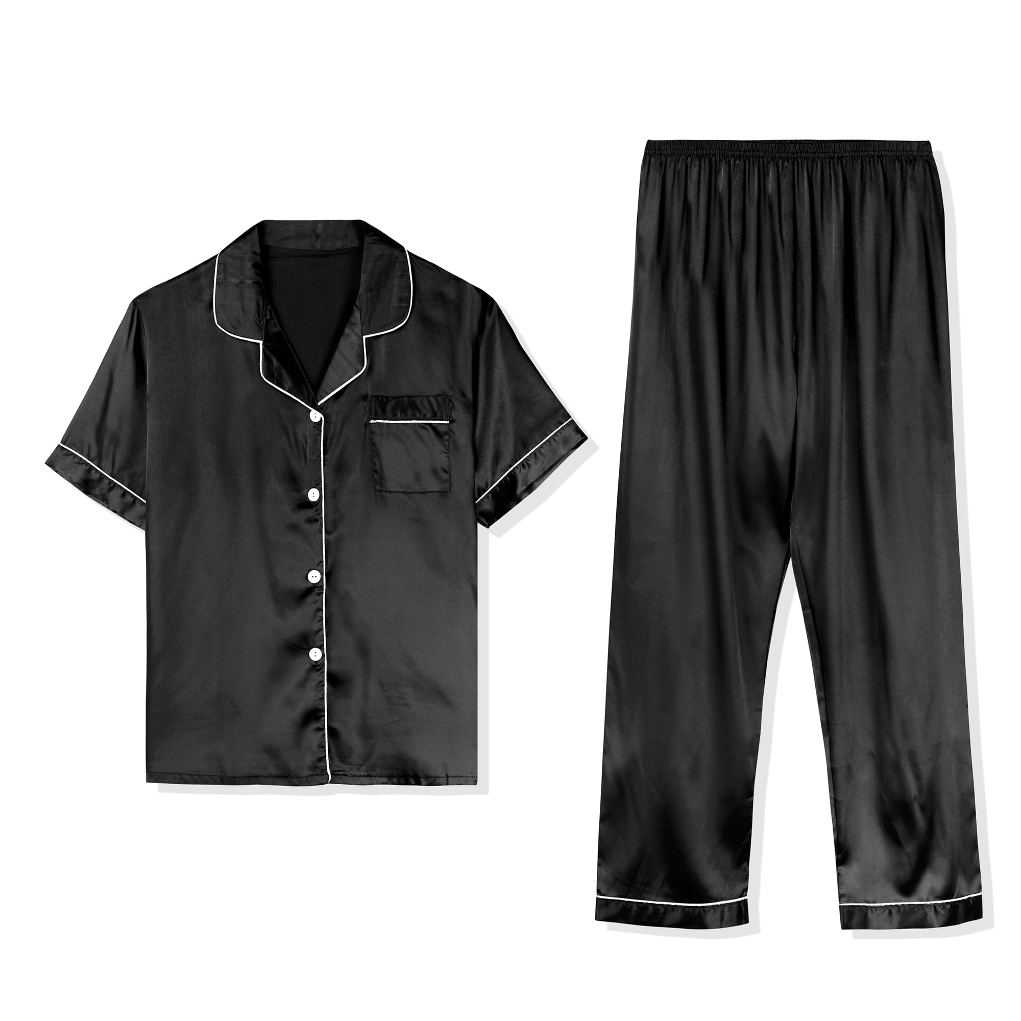 Unique Bargains Men's Button Down Satin Pajama Sets Short Sleeves Nightwear Small Black