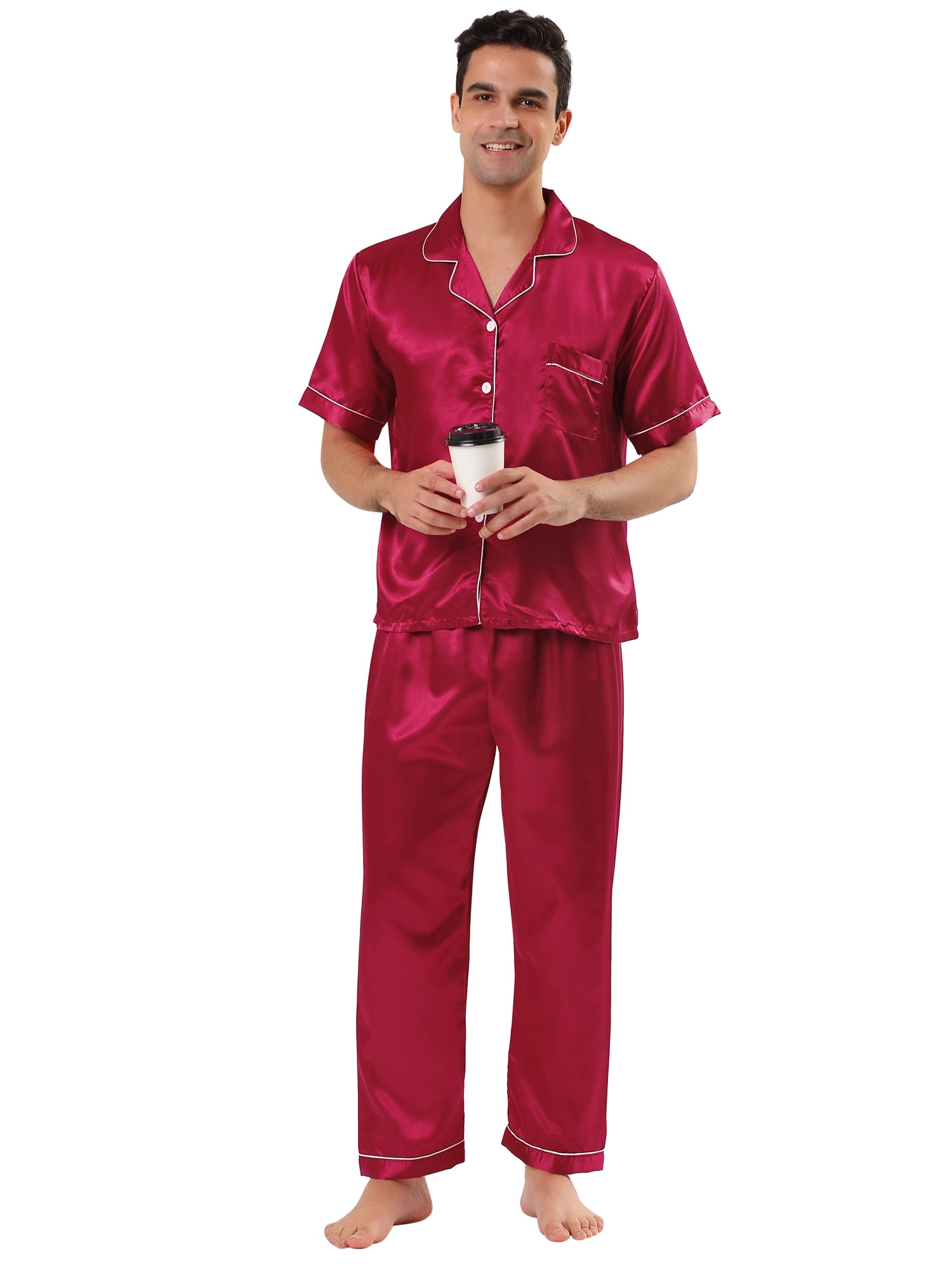 Unique Bargains Men's Button Down Satin Pajama Sets Short Sleeves Nightwear Small Burgundy
