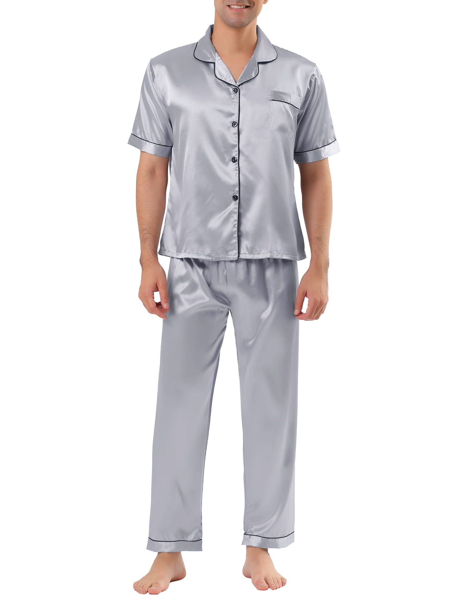 Unique Bargains Men's Button Down Satin Pajama Sets Short Sleeves Nightwear Small Gray