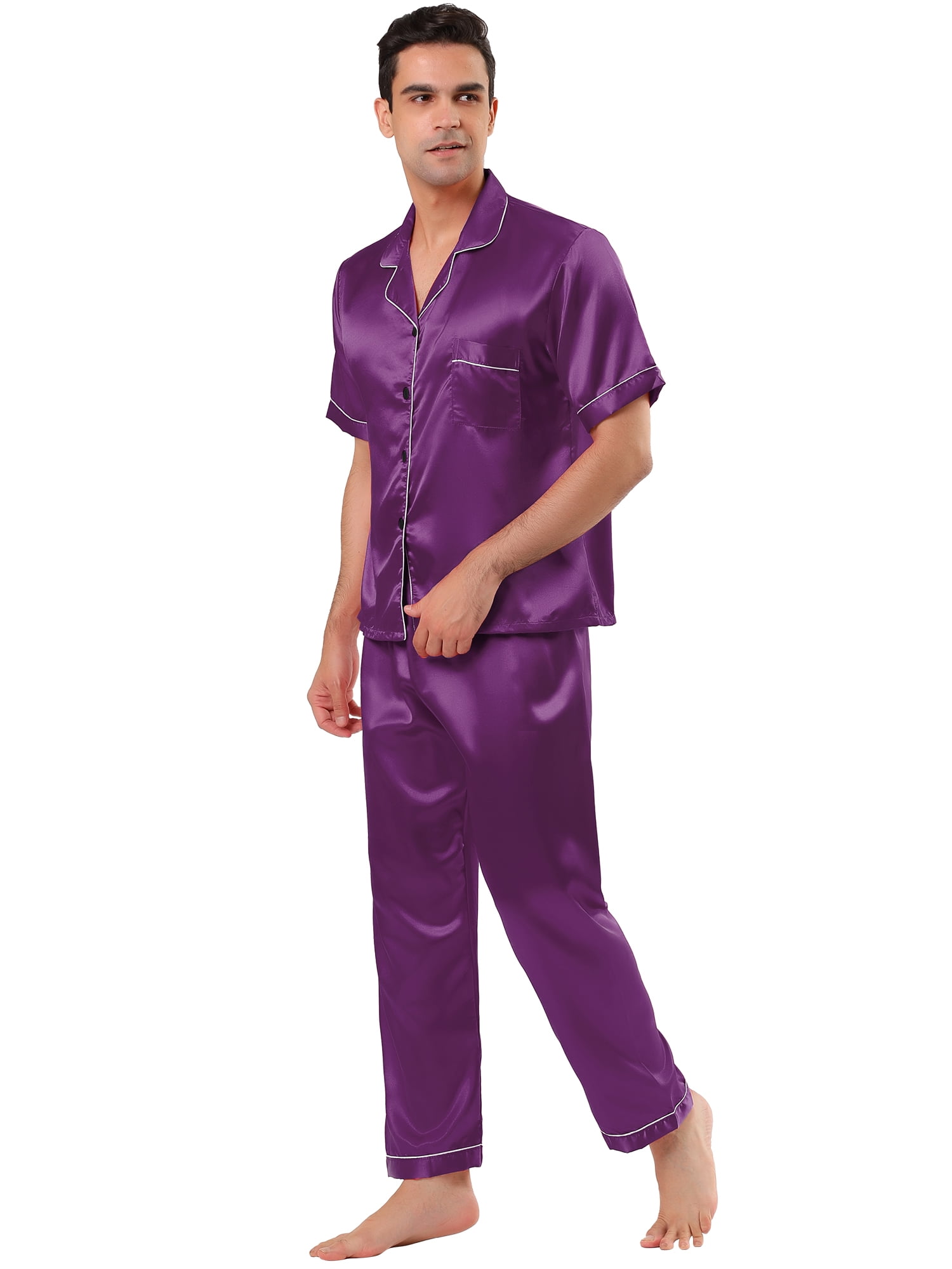 Unique Bargains Men's Button Down Satin Pajama Sets Short Sleeves Nightwear Small Purple