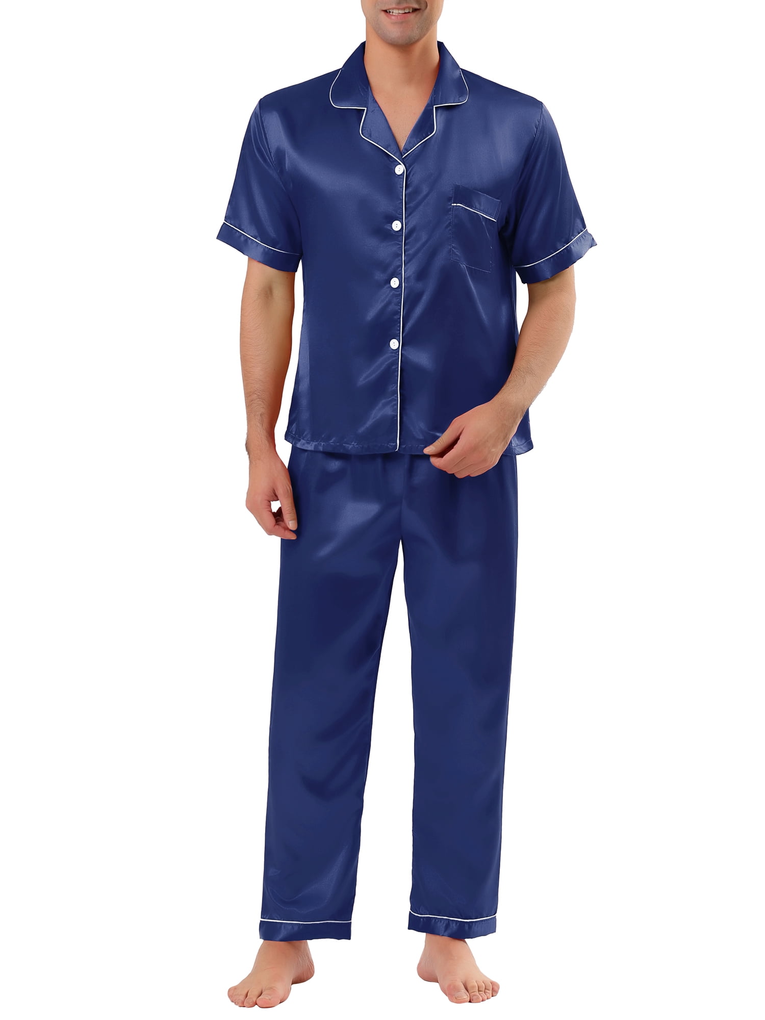Unique Bargains Men's Button Down Satin Pajama Sets Short Sleeves Nightwear X-Large Blue