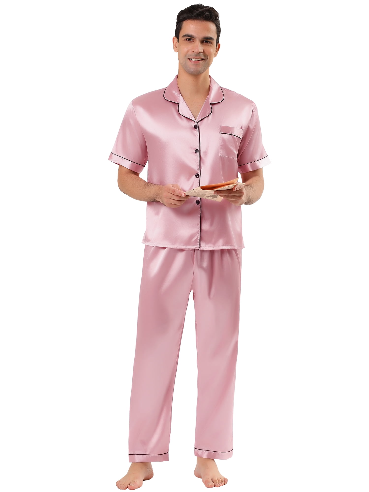 Unique Bargains Men's Button Down Satin Pajama Sets Short Sleeves Nightwear X-Large Pink
