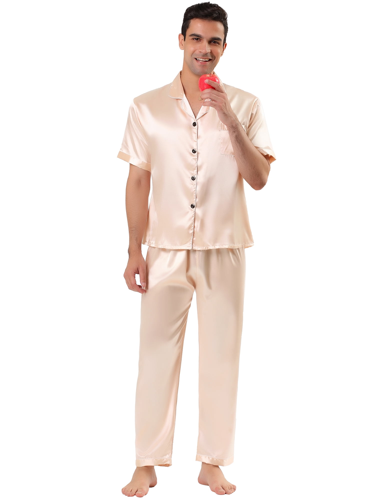 Unique Bargains Men's Button Down Satin Pajama Sets Short Sleeves Nightwear X-Large Rose Gold