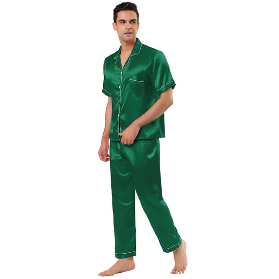 Unique Bargains Men's Button Down Satin Pajama Sets Short Sleeves Nightwear Medium Green