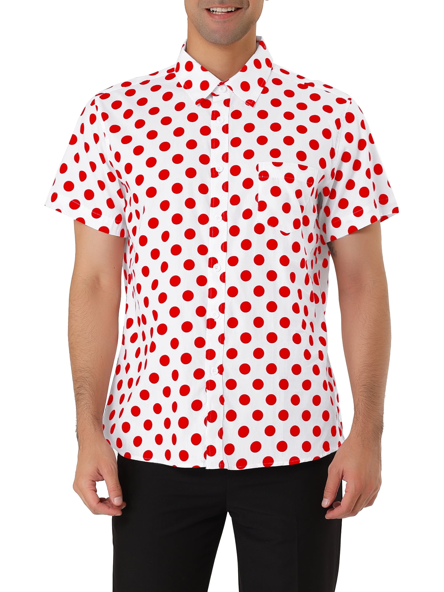 Unique Bargains Men's Button Down Short Sleeves Cotton Polka Dots Shirt M (US 38) Red White