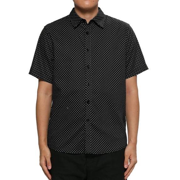 Unique Bargains Men's Button Down Short Sleeves Cotton Polka Dots Shirt S (US 34) Black
