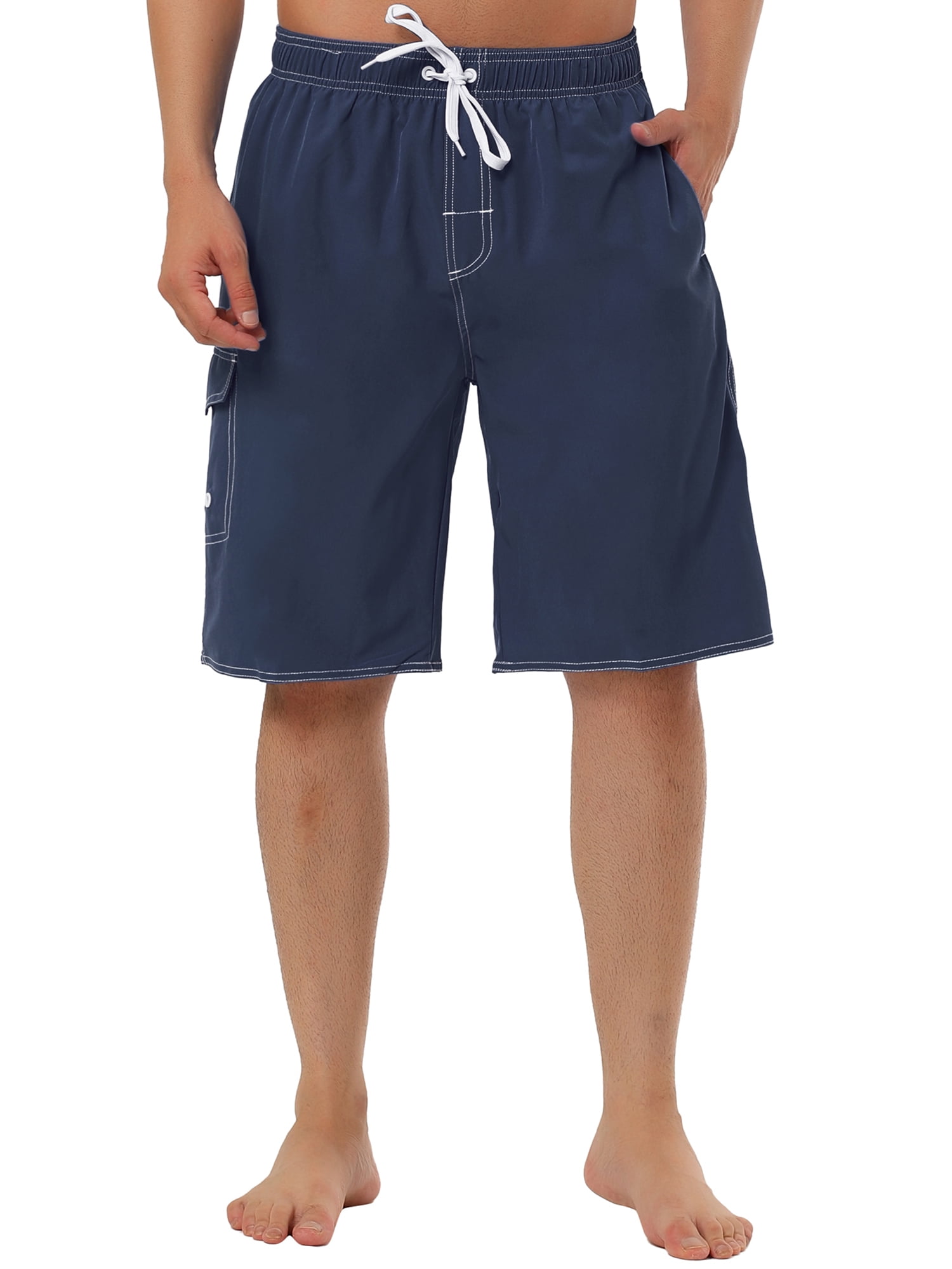 Unique Bargains Men's Casual Holiday Solid Color Drawstring Waist Beach Board Shorts 32 Navy Blue