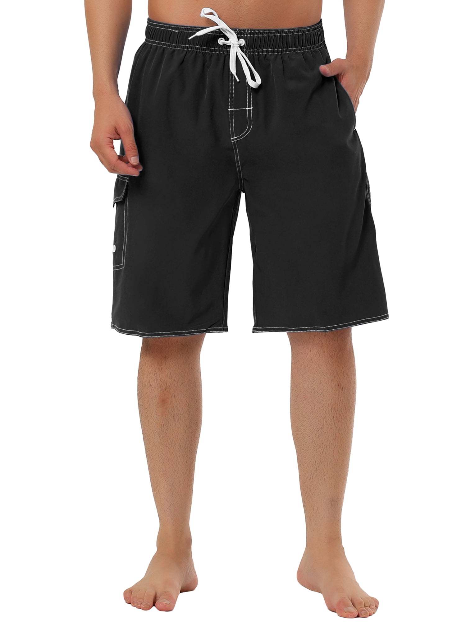 Unique Bargains Men's Casual Holiday Solid Color Elastic Waistband Beach Board Shorts 28 Black