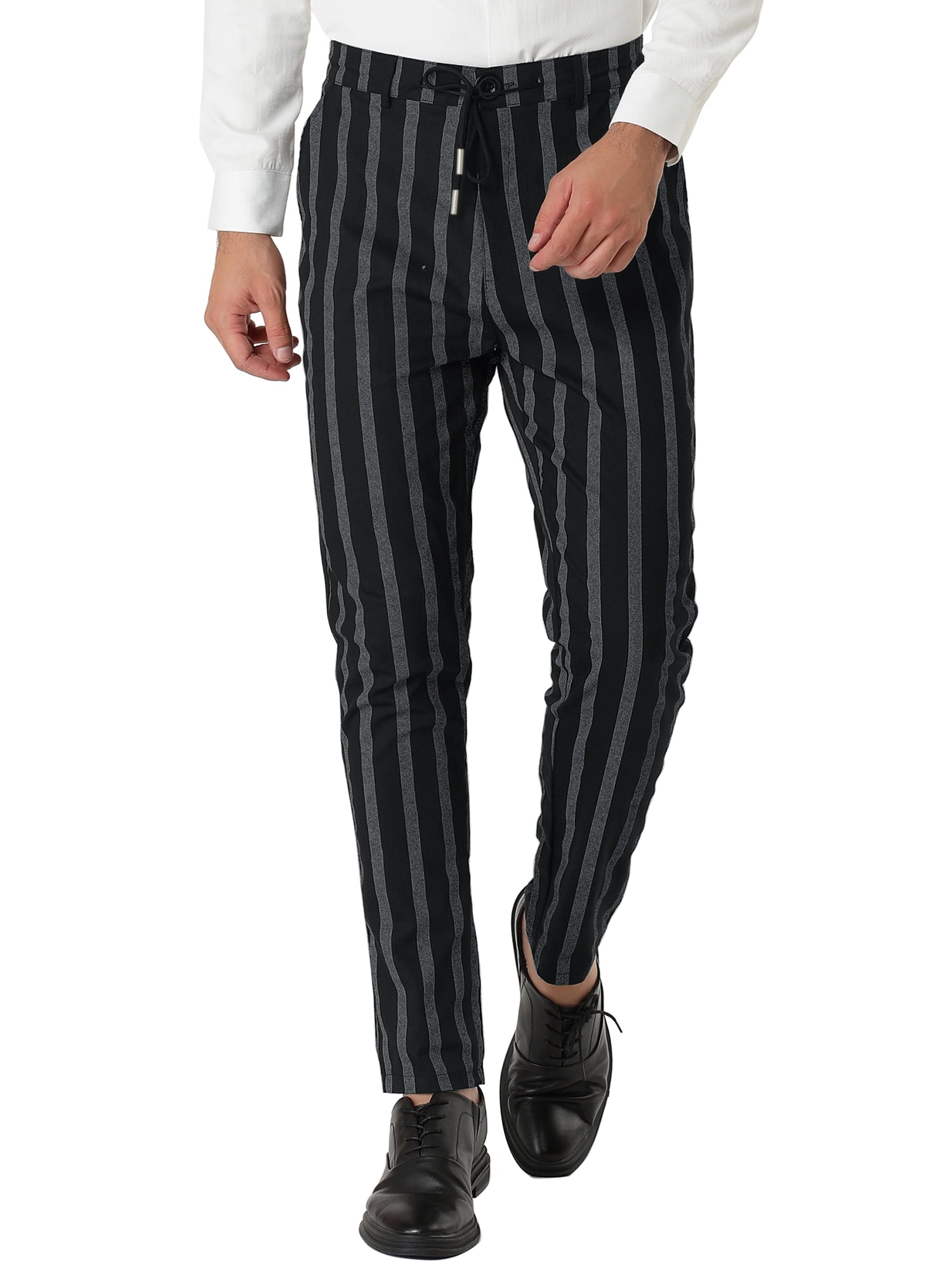 Unique Bargains Men's Casual Striped Dress Pants Slim Fit Contrast Color Suit Trousers 38 Black