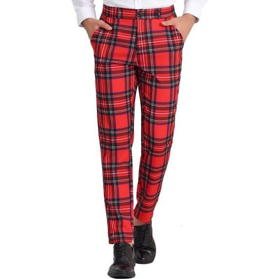 Unique Bargains Men's Checked Pattern Suit Pants Flat Front Plaid Dress Pants 30 Dark Red