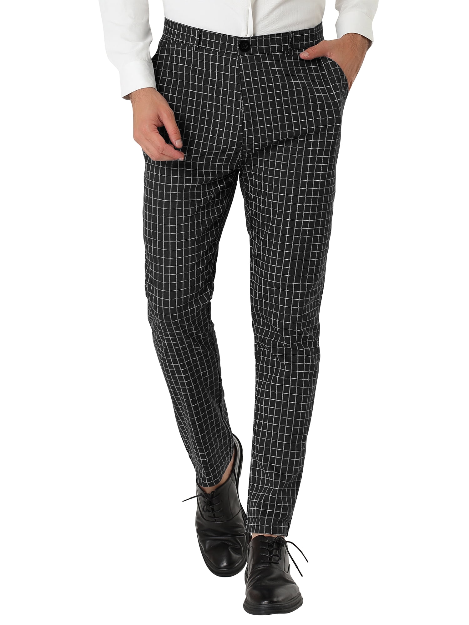 Mens Flat Front Pants - Plaid Pants - Slim Fit Pants - Windowpane Pant - Black main image 1