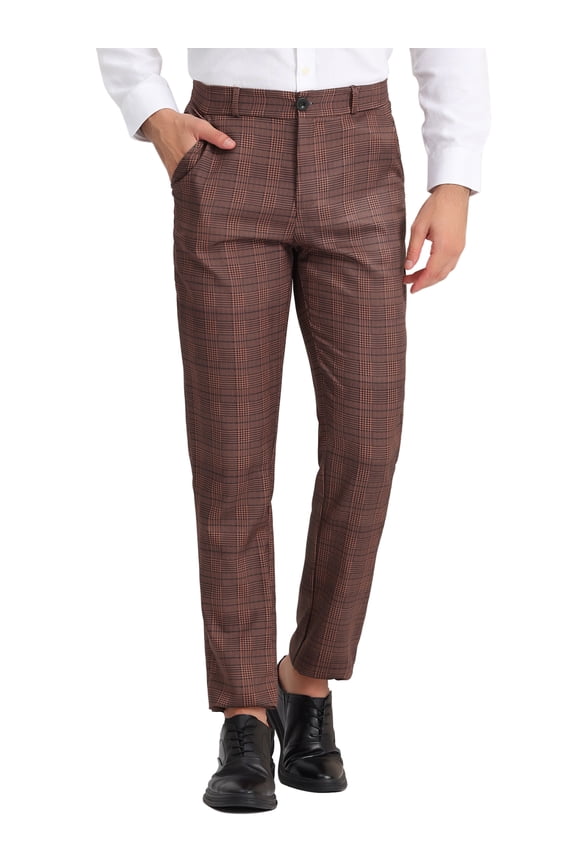 Men's Checked Prom Trousers Regular Fit Formal Plaid Suit Pants 28 Brown