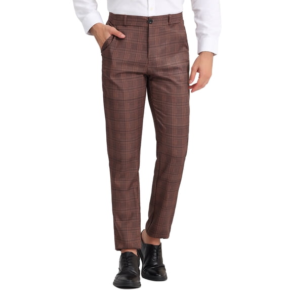 Unique Bargains Men's Checked Prom Trousers Regular Fit Formal Plaid Suit Pants 34 Brown