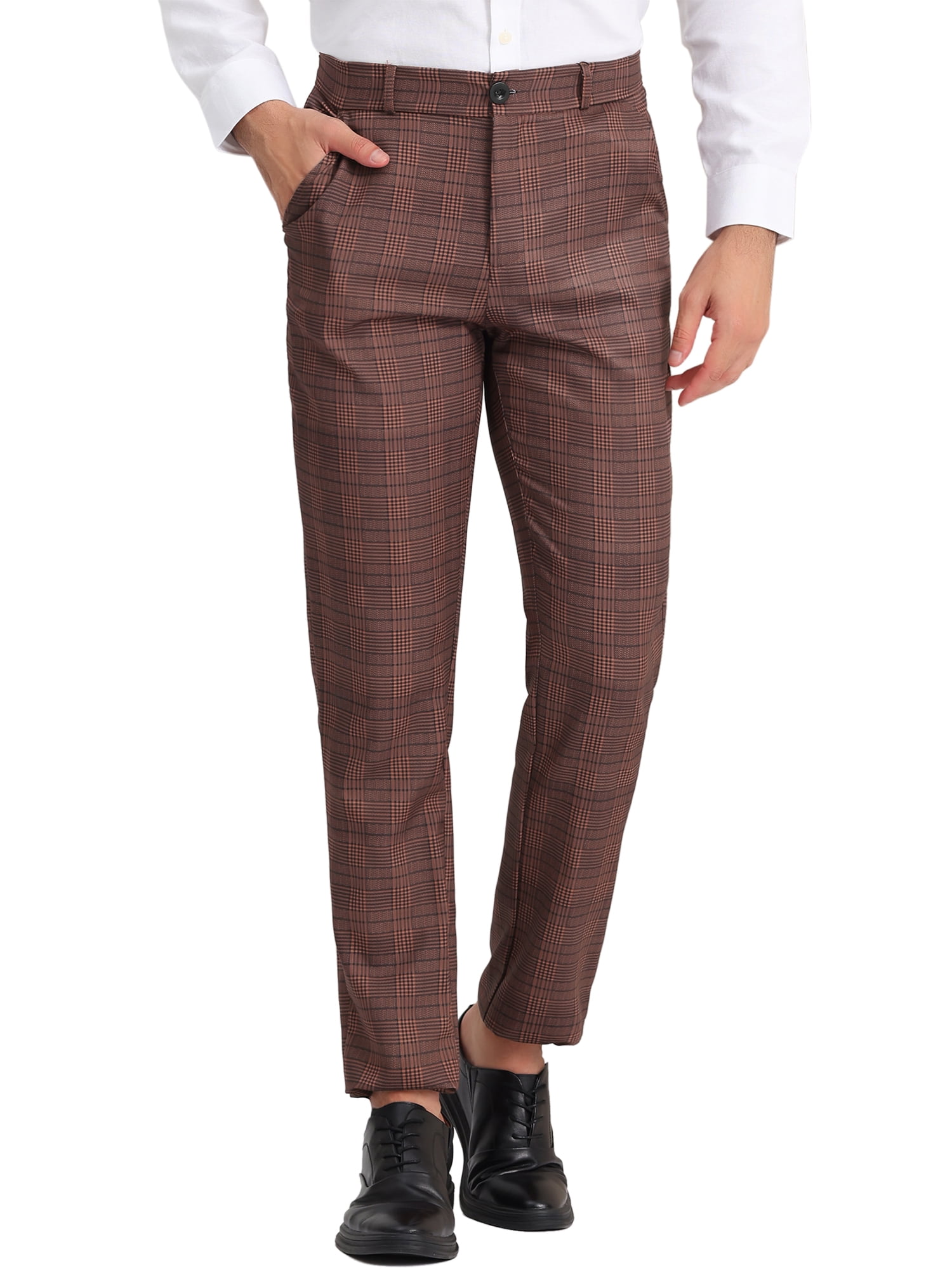 Unique Bargains Men's Checked Prom Trousers Regular Fit Formal Plaid Suit Pants 36 Brown