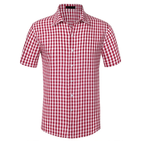 Unique Bargains Men's Checked Shirts Short Sleeves Button Formal Plaid Dress Shirt L Red