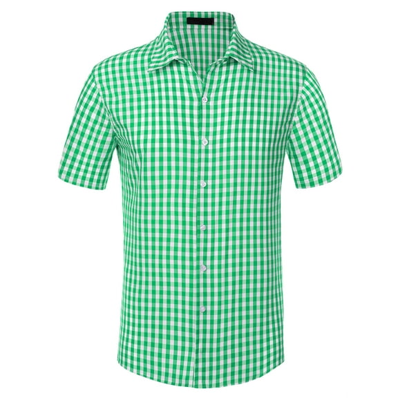 Unique Bargains Men's Checked Shirts Short Sleeves Button Formal Plaid Dress Shirt M Green