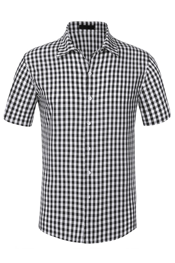 Men's Checked Shirts Short Sleeves Button Formal Plaid Dress Shirt S Black