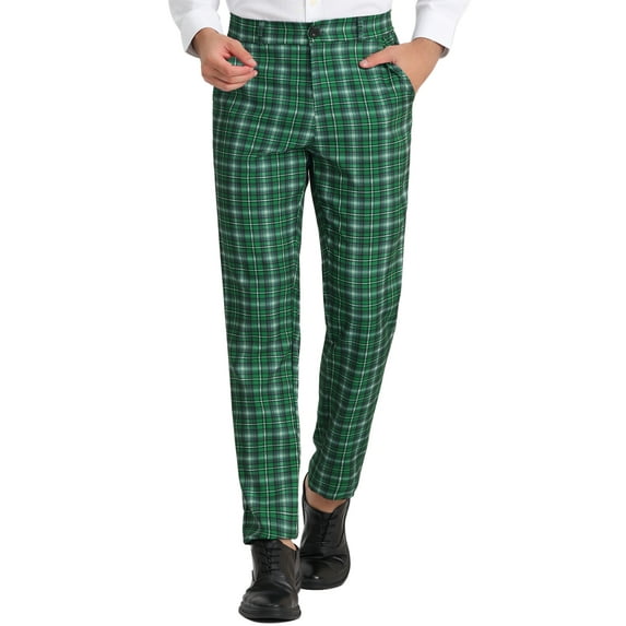 Unique Bargains Men's Checked Suit Pants Flat Front Elastic Waist Plaid Pants 34 Dark Green