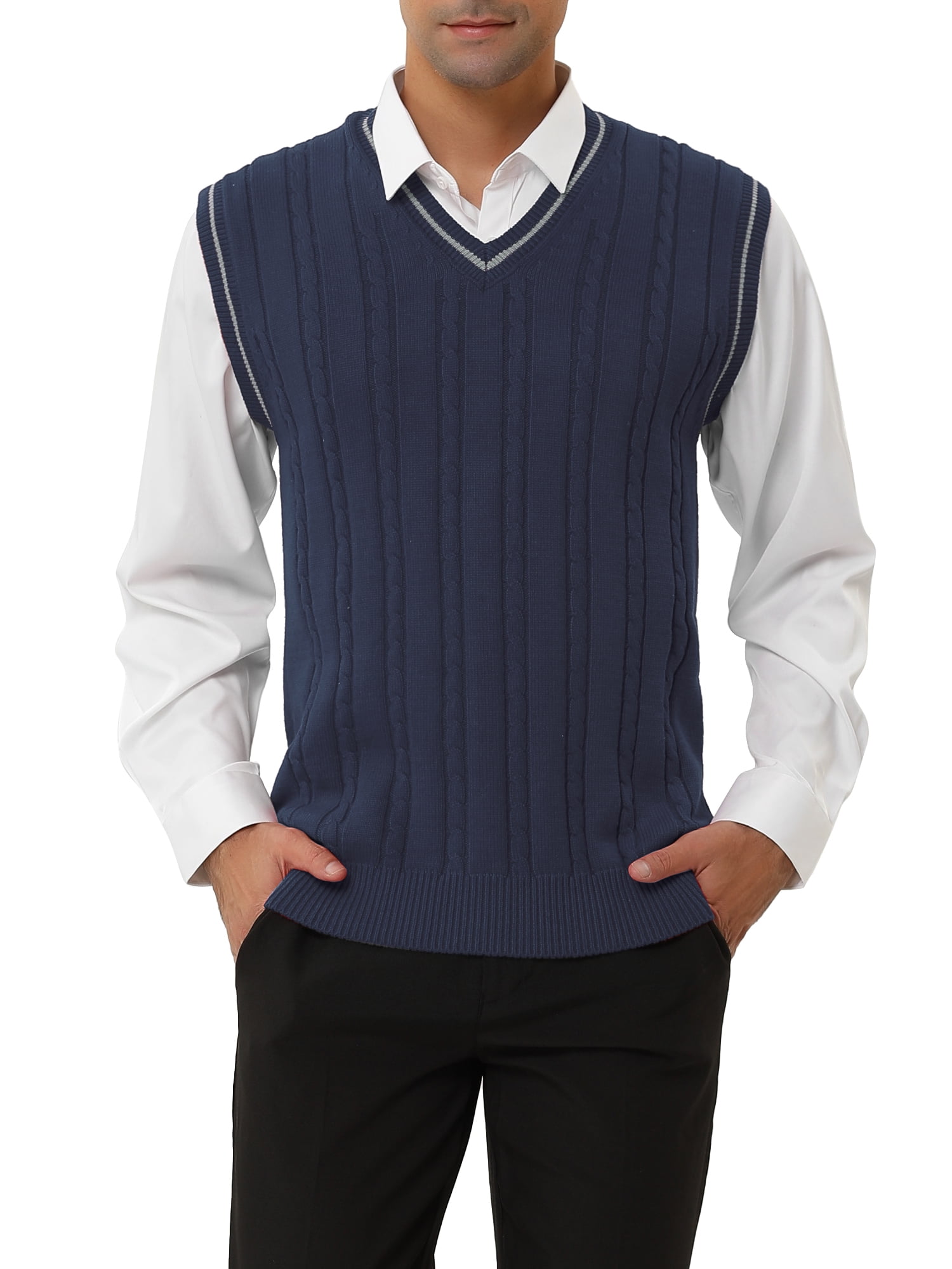 Unique Bargains Men's Classic Knitted Sleeveless V-Neck Pullover Sweater Vest L Navy Blue