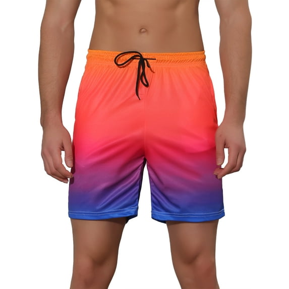Unique Bargains Men's Color Block Drawstring Beach Board Swim Surfing Shorts Orange 32