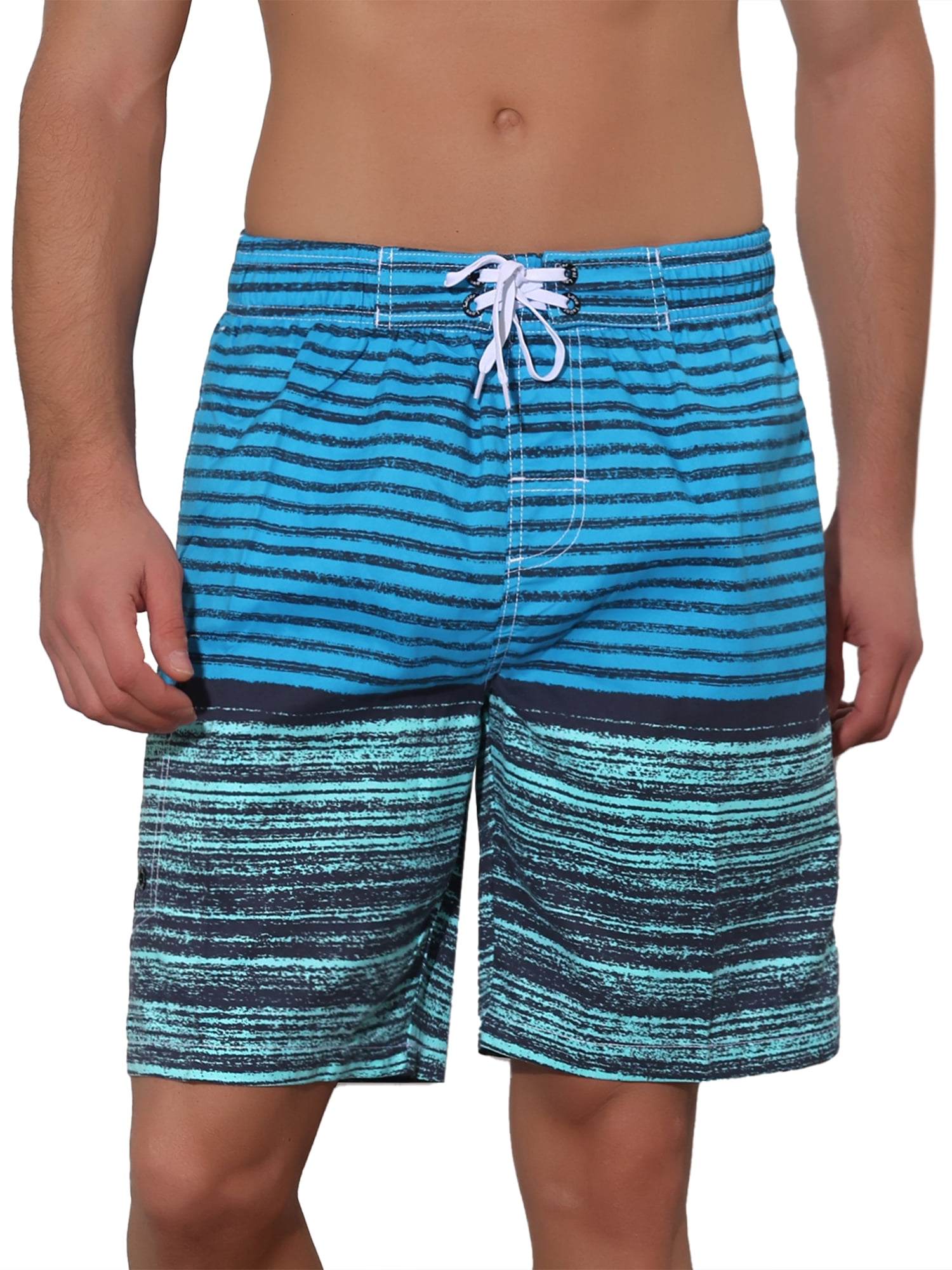 Unique Bargains Men's Color Block Stripes Pattern Drawstring Waist Swimwear Shorts 30 Light Blue
