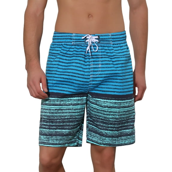 Unique Bargains Men's Color Block Stripes Pattern Drawstring Waist Swimwear Shorts 32 Light Blue