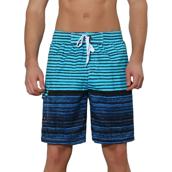 Unique Bargains Men's Color Block Stripes Pattern Drawstring Waist Swimwear Shorts 34 Blue
