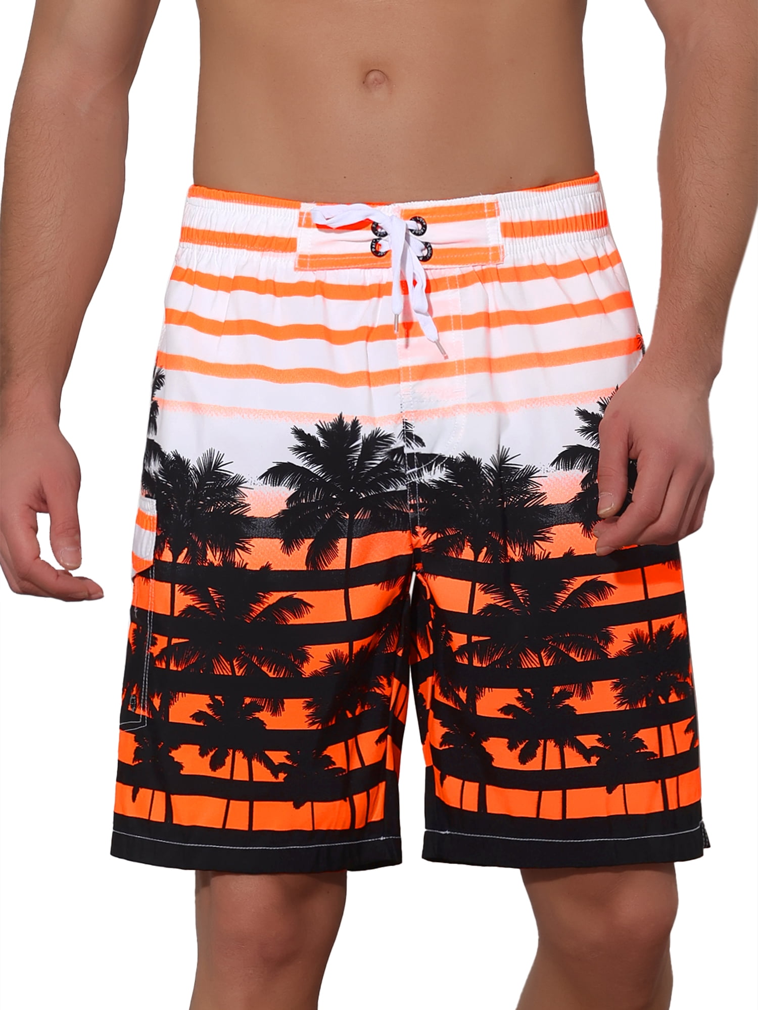Unique Bargains Men's Color Block Tropical Trees Printed Striped Beach Shorts 28 Orange