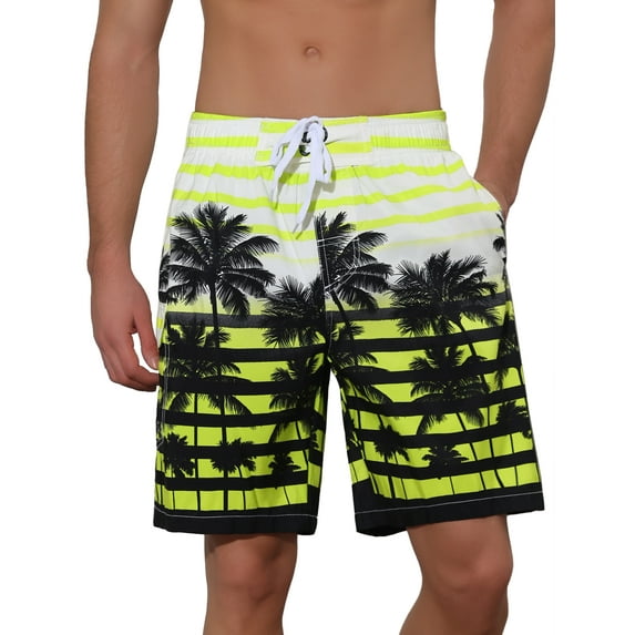 Unique Bargains Men's Color Block Tropical Trees Printed Striped Beach Shorts 28 Yellow