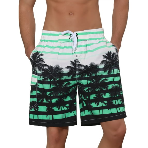 Unique Bargains Men's Color Block Tropical Trees Printed Striped Beach Shorts 32 Green