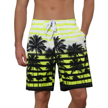 Unique Bargains Men's Color Block Tropical Trees Printed Striped Beach Shorts 34 Yellow