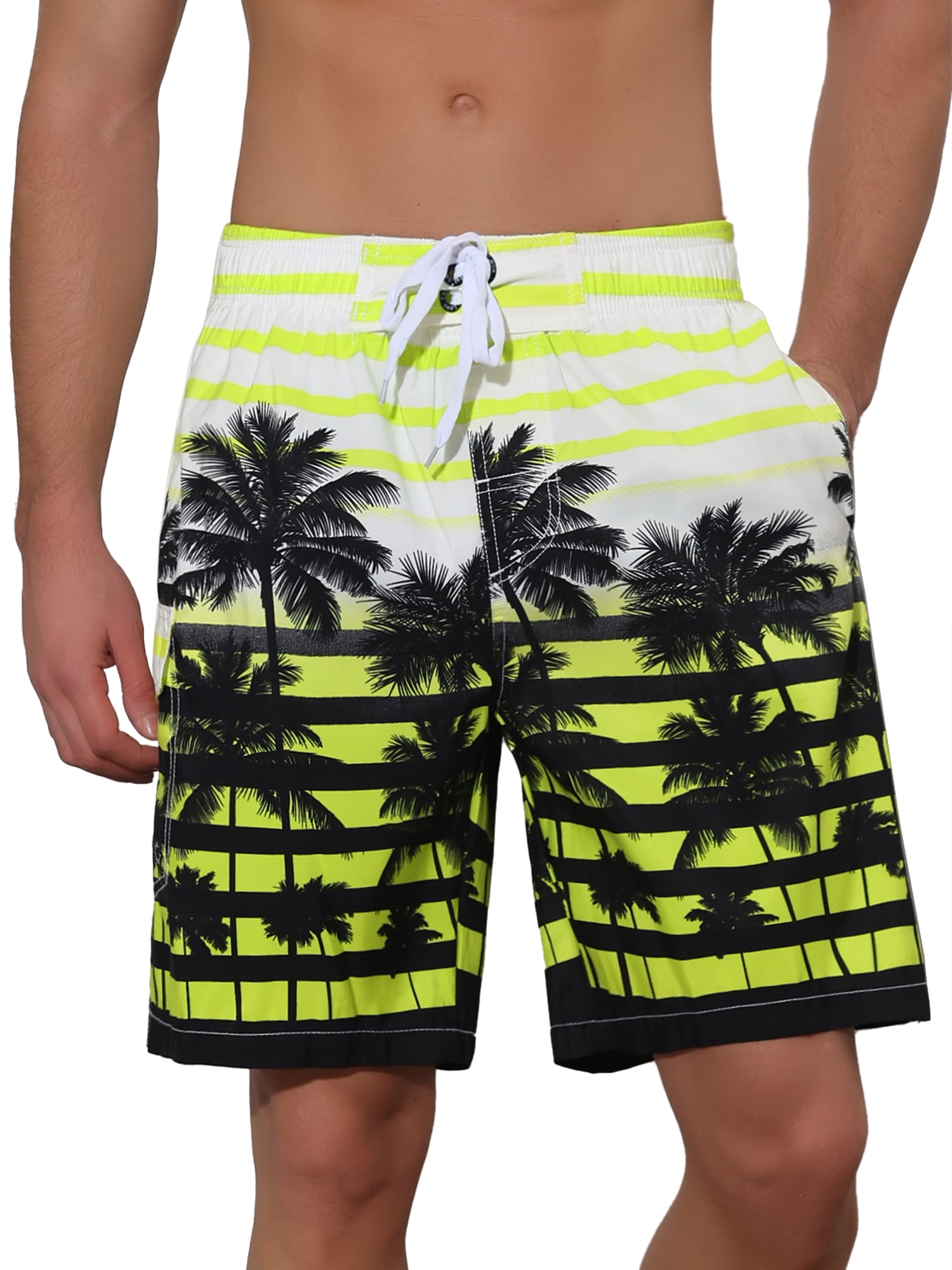 Unique Bargains Men's Color Block Tropical Trees Printed Striped Beach Shorts 36 Yellow