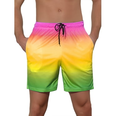 Unique Bargains Men's Contrast Color Drawstring Waist Beach Swimwear Shorts 28 Yellow