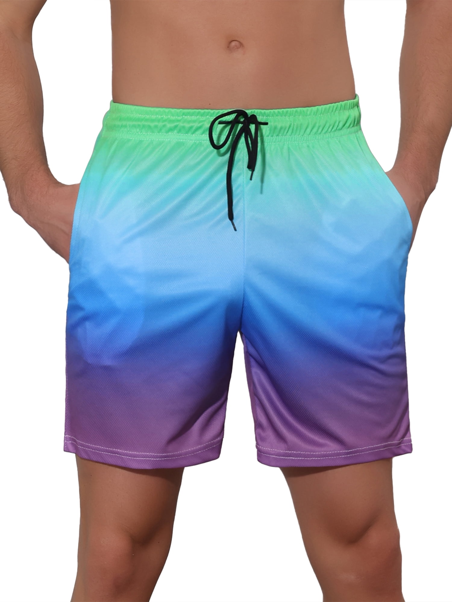 Unique Bargains Men's Contrast Color Summer Beach Colorful Swimwear Shorts 34 Green Blue