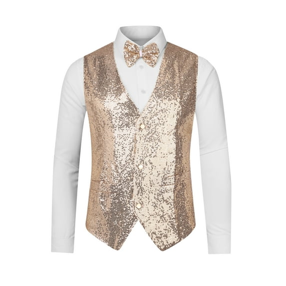 Unique Bargains Men's Disco Shiny Sequin Vest Suit Waistcoat Set with Bow Tie 2XL Champagne